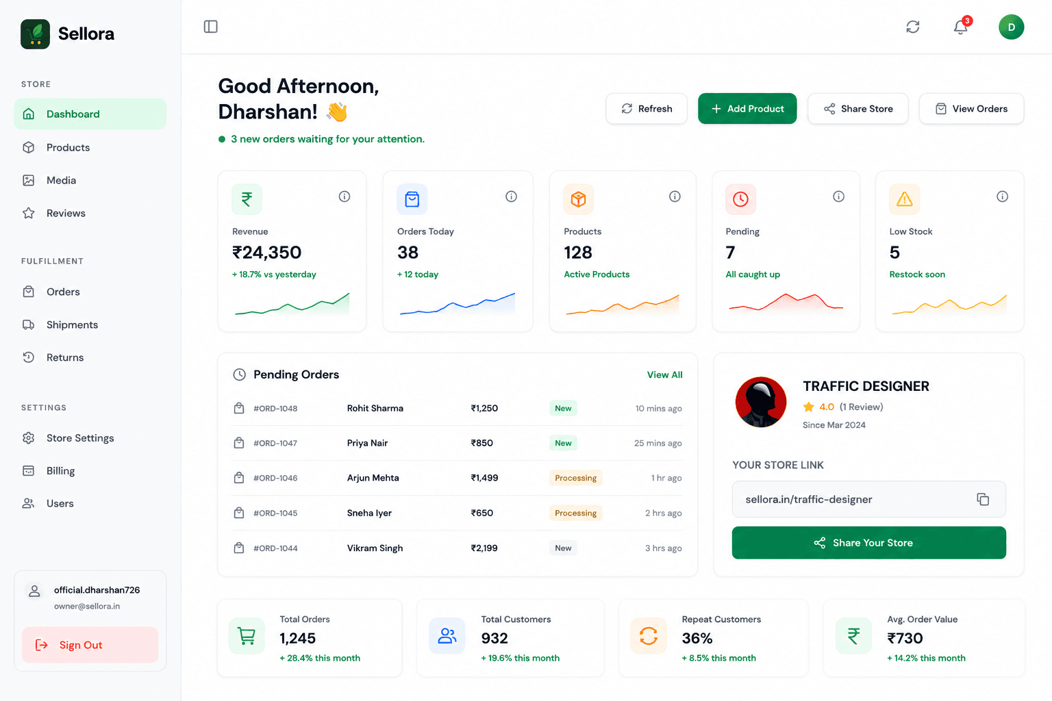 Sellora merchant dashboard